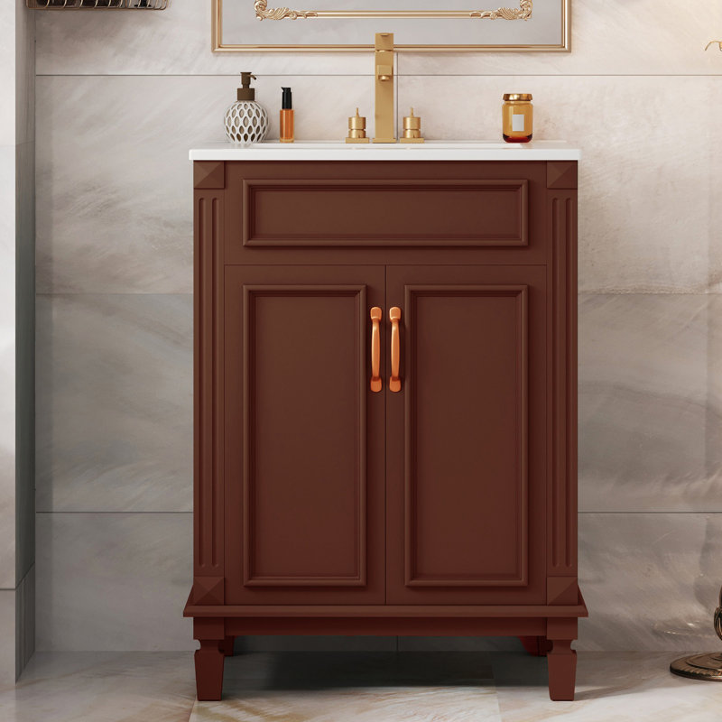 Meuble-lavabo simple 24 po avec comptoir en céramique, Brun