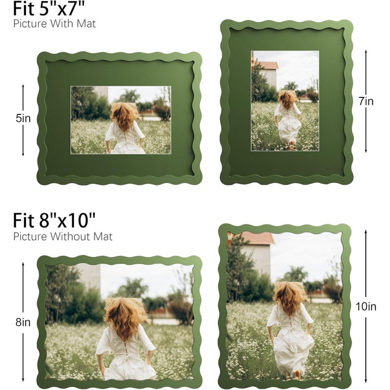 Green Wavy Edge Wooden 8x10 Frame with Mat for 5x7 Photos, Wall & Tabletop Use