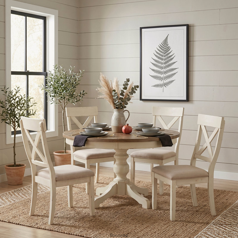 Table de salle à manger ronde en bois blanc antique et chêne vieilli deux tons