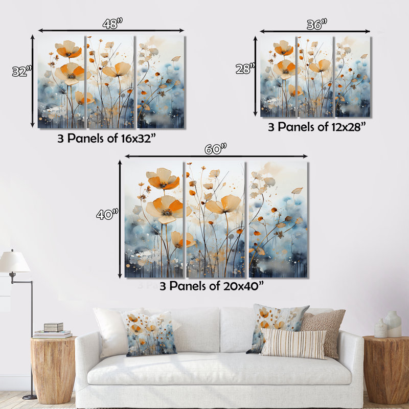 Impression sur toile de 3 pièces orange sur fond bleu botanique discret II, H 28 po x l 36 po x P 1 po