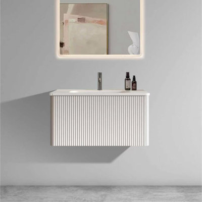 Meuble-lavabo mural suspendu blanc cassé à rayures de 76 cm (30 po) avec lavabo en surface solide blanche, pour salle de bain moderne, lavabo monobloc blanc sans drain, préassemblé