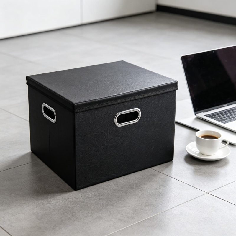 Grand bac de rangement pliable avec couvercle - 1 boîte de rangement pliable en cuir avec couvercle pour la maison, la chambre à coucher, le placard, le bureau, la chambre de bébé, noir