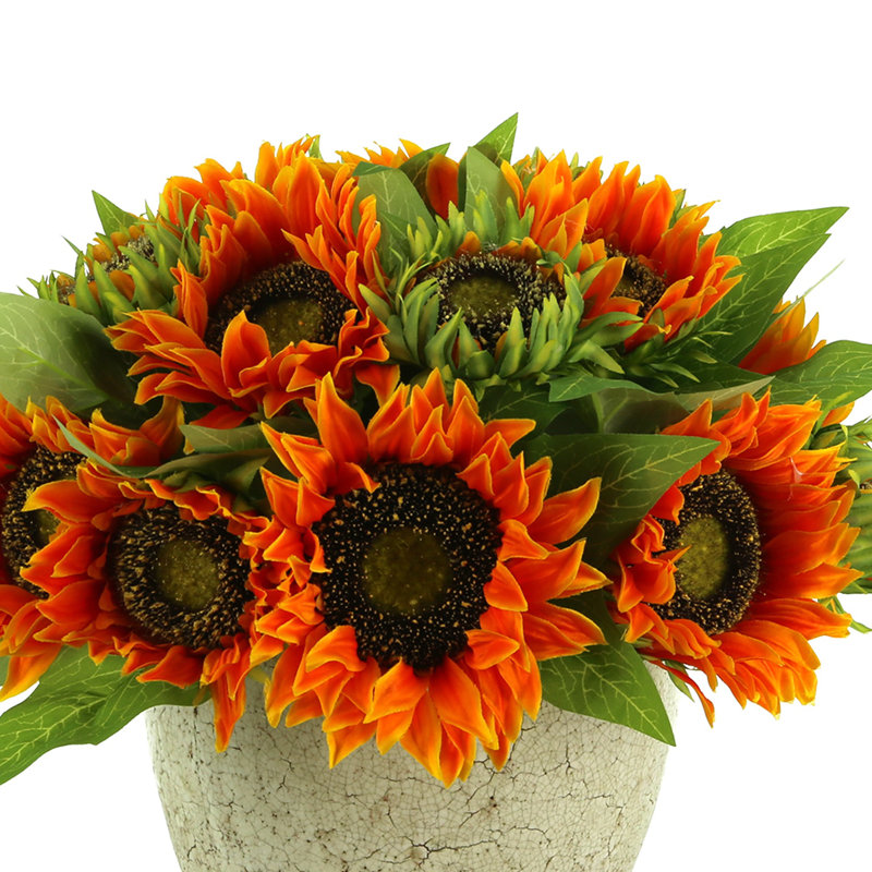 Sunflowers in Distressed Glaze Ceramic Pot, Orange