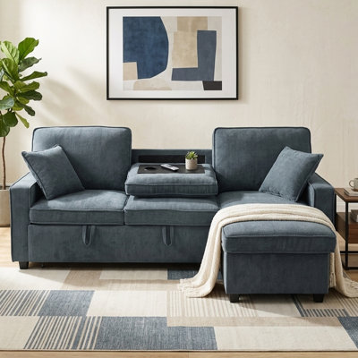 Finkle 89 Inch Upholstery Sleeper Sectional Sofa with Storage Chaise, Sleeper Sofa Bed with USB Port, 2 Cup Holders on Back Cushions