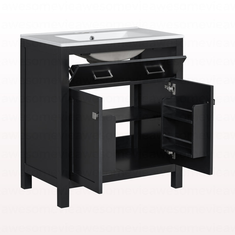 Ensemble de meuble-lavabo moderne 60 po noir avec lavabos doubles (séparés), lavabos doubles en céramique, tablette réglable, portes à fermeture en douceur et tiroir rabattable - Solution de salle de bain moderne pour salles de bain spacieuses