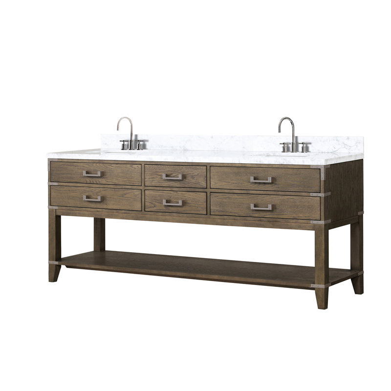 Ensemble de meuble-lavabo double avec plateau en marbre de Carrare et robinet