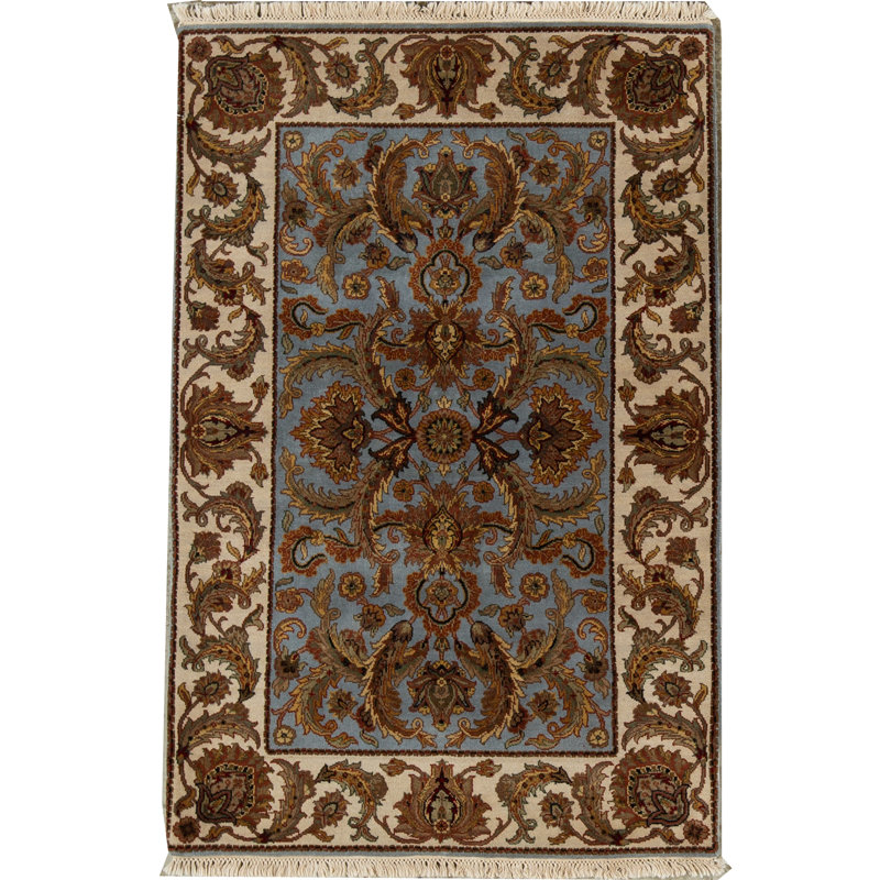 Tapis bleu, ivoire et brun noué à la main de haute qualité