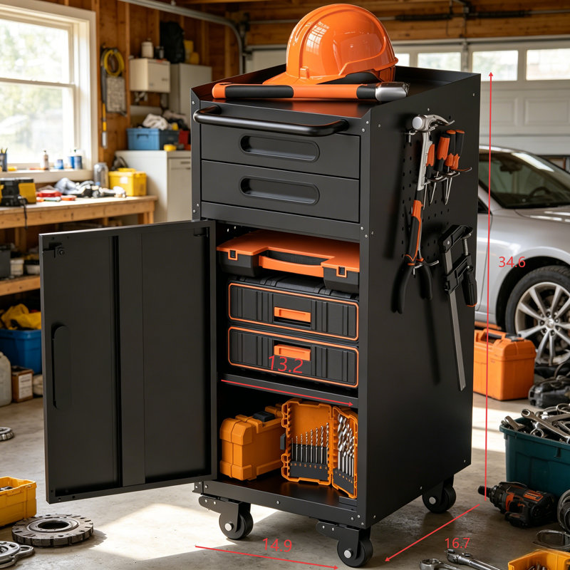 34.3-Inch Narrow Rolling Tool Cabinet With Lockable Door, Double Drawers, Large Handles, And Metal Construction, Perfect For Storage In Small Spaces.