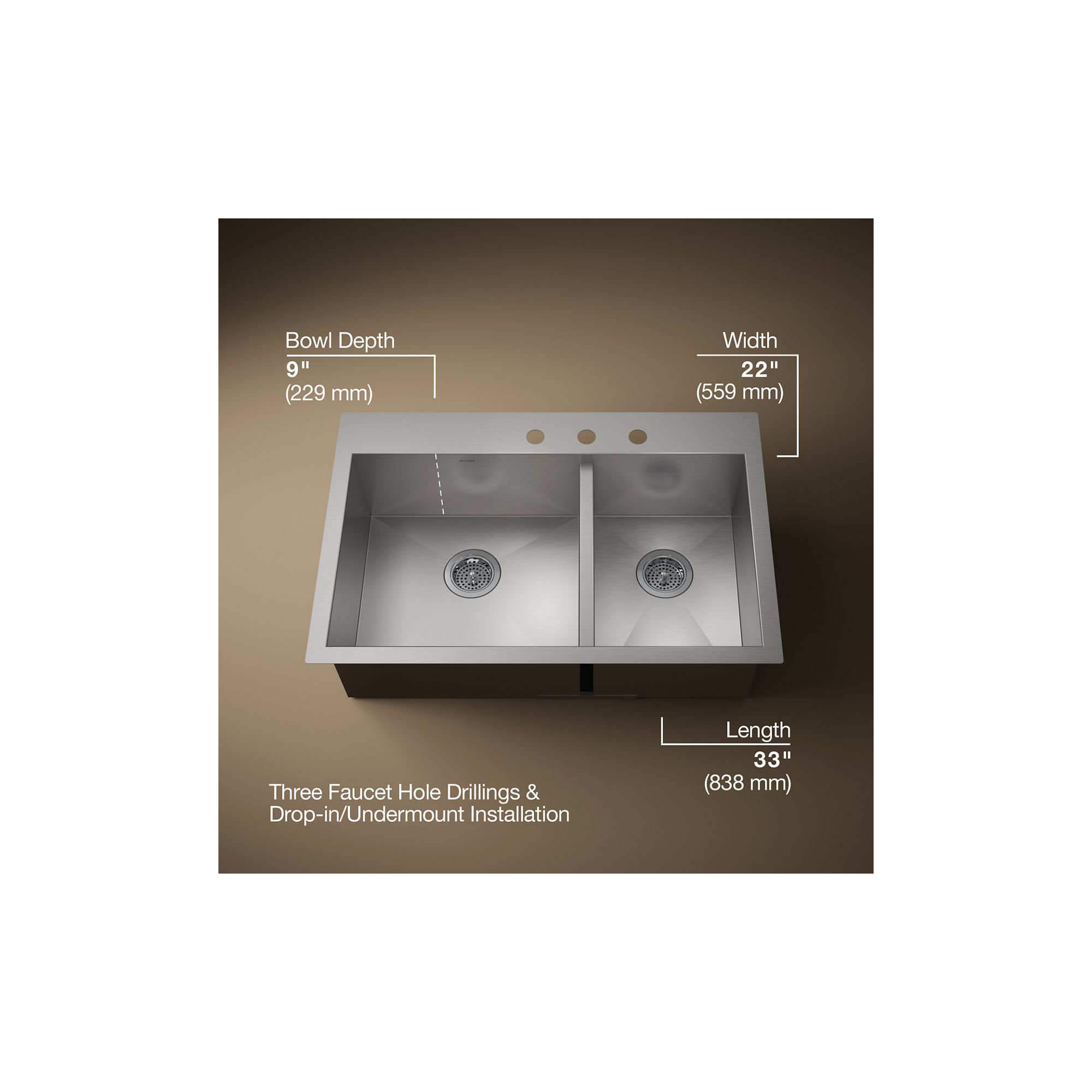 Vault 33" L x 22" W Dual Mount Kitchen Sink, 3 holes
