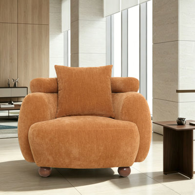 Modern Fabric Accent Chair, Upholstered Armchair with Wood Ball Feet, Plush Barrel Chair with Throw Pillow for Living Room, Bedroom