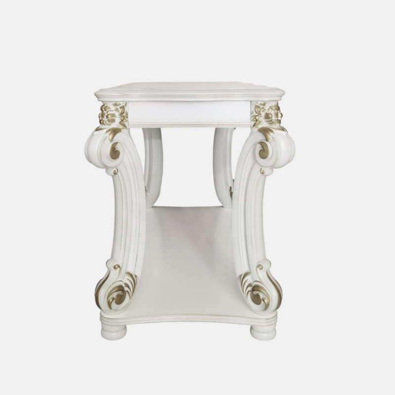 Antique Pearl Finish White and Gold Wood Sofa Table
