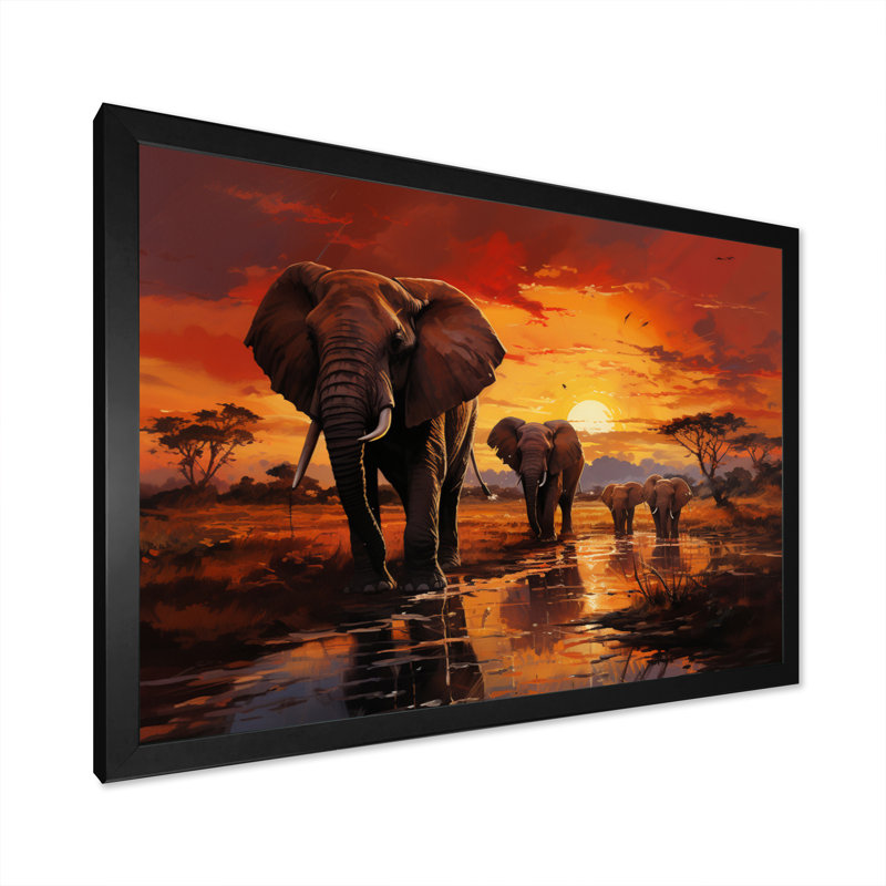 Photographie d'un éléphant d'Afrique au coucher du soleil II - Éléphant, reproduction sur toile encadrée, Cadre simple noir