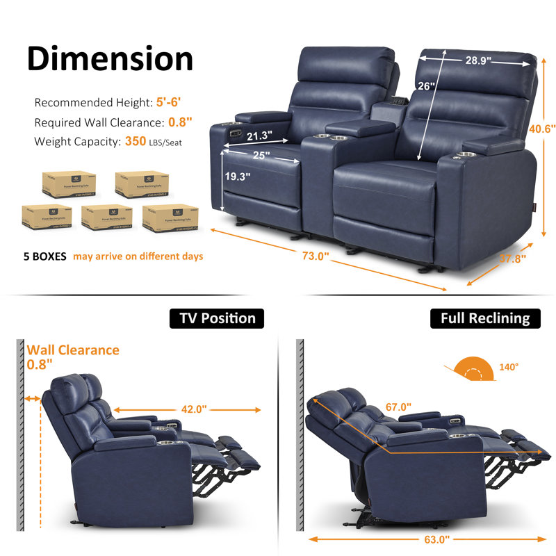 73" Wide Wall Hugger Power Reclining Loveseat with Outlets for Small Spaces, RV Loveseat Sofa with Armrest Storage, 360° Swivel Tray Table