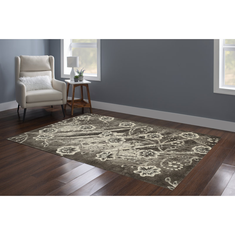 Tapis gris à motif floral à tissage plat, Rectangle 8 pi x 10 pi 4 po