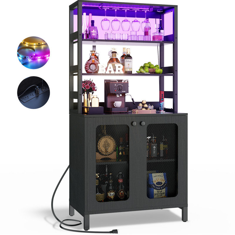 Swapan 66.9''tall  Modern Wine Cabinet Bar Cabinet with Wine Glasses Rack and Led Strip, Black