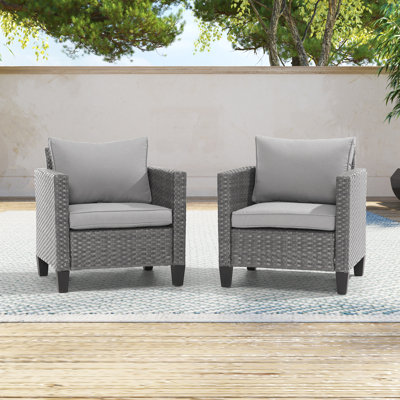 Ensemble de 2 chaises d'extérieur en osier de polyéthylène gris avec dossier haut et coussins pour la pelouse, le patio et le porche