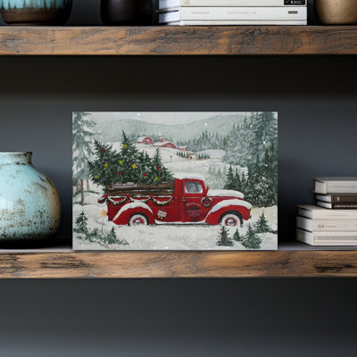 Red Truck Christmas Snow Rustic Vintage Abstract Evergreen Tree Forest Landscape Wall Art Print by Renate Holzner - Print