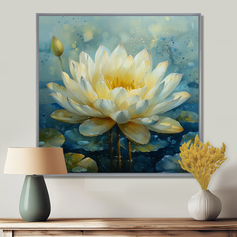 Décoration murale Lotus blanc et bleu Garden of Life, Encadrement argenté, H 36 po x l 36 po