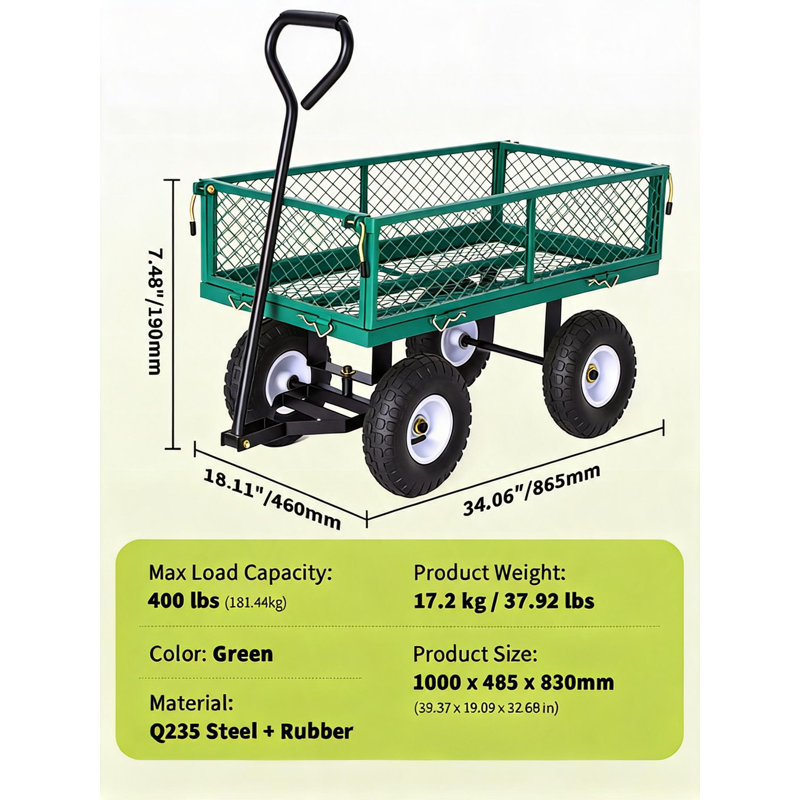 Chariot de jardin en acier de 181 kg (400 lb) – Côtés amovibles, pneus de 25 cm (10 po), vert