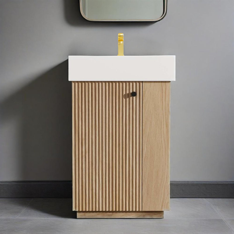 Armoire à grain de bois 22 po avec porte à gauche moderne et autoportante avec rangement ouvert et fermé pour les petites salles de bain