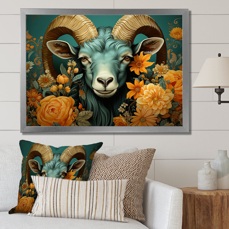 Bleu et orange, chèvre moderne, art mural, Cadre de coin fermé argenté, H 24 po x l 32 po x P 1 po