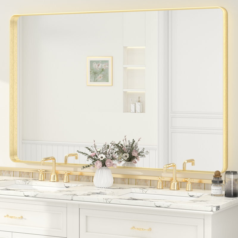 Miroir de salle de bain mural en verre trempé et métal Molly, 55 po x 36 po, Doré, Rectangle(Rounded Corner)