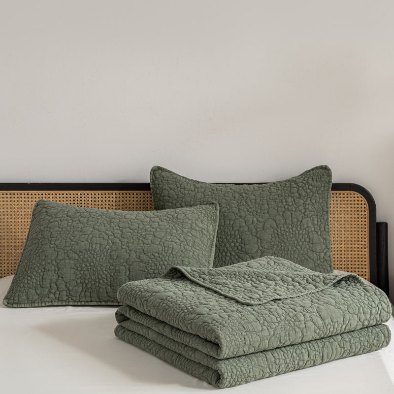 Ensemble de courtepointe réversible 3 pièces en coton délavé à motif floral Stone, Vert