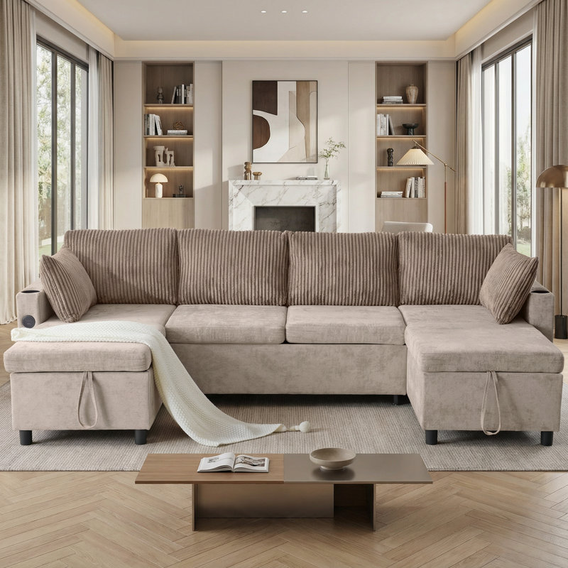 113.4" Chenille Sofa Sleeper With Large Storage Space, Two USB Ports And Two Cup Holders, Brown