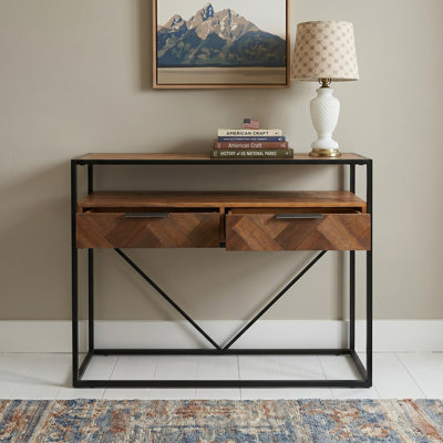 Solid Acacia Wood Console Table with Drawers - Industrial Herringbone Entryway Table with Rust-Resistant Metal Frame