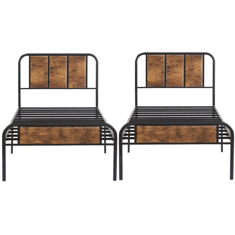 Sabriya Set of 2 Twin Bed Frame with Wood Headboard and Footboard, 2-Pack Twin Size Metal Platform Bed with Heavy Duty Steel Slats Support, No Box Spring Needed, Perfect for Kids’ Room, Guest Room, or Dorm