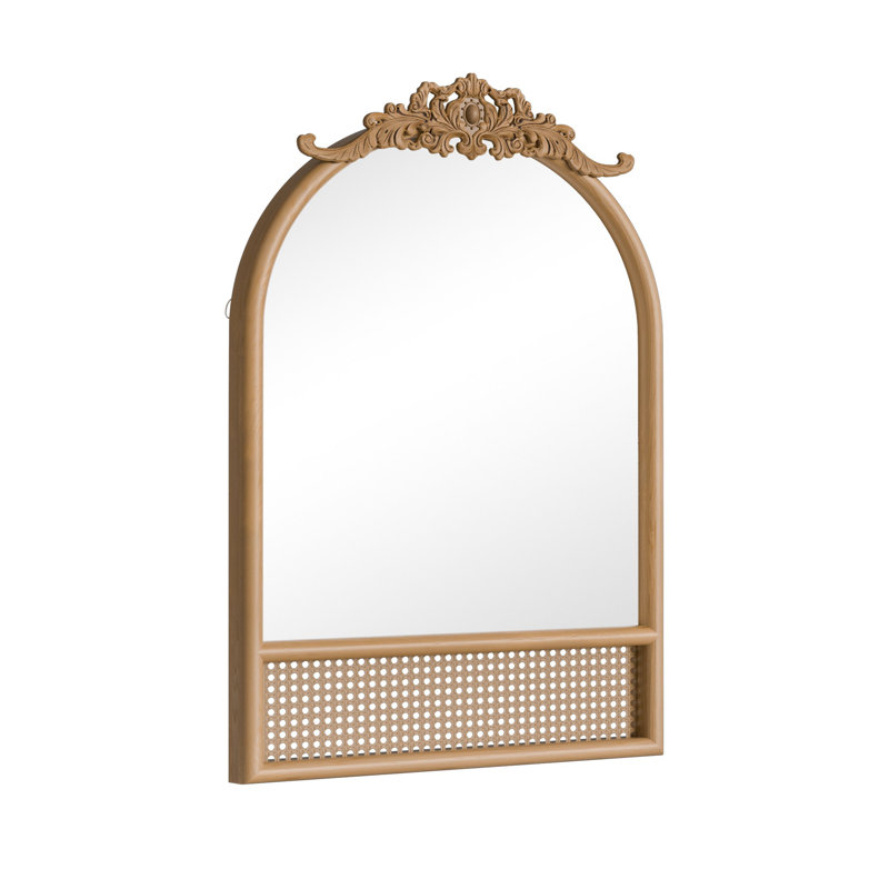 Arch Wood Mirror with Rattan Carved Frame, 36" x 24"