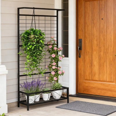 Support à plante en métal avec treillis et barre de suspension, H 74,2 po x l 35,4 po x P 12,8 po, support à plante autoportant pour plantes grimpantes d'intérieur et d'extérieur, jardin, patio