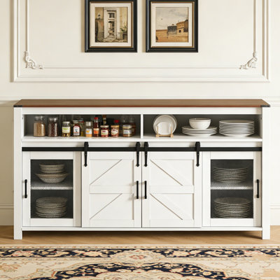 Buffet de ferme avec rangement ouvert 59,3 po avec porte de grange coulissante et panneaux grillagés
