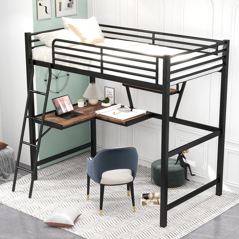 Lit mezzanine avec bureau et tablette pour enfants Columb, Lit simple, Noir