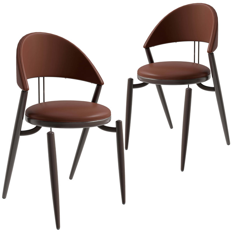 Dearmond Upholstred Leather Modern Dining Chair Open Back Cozy Accent Chair With Metal Legs, Set of 2, Dark Brown