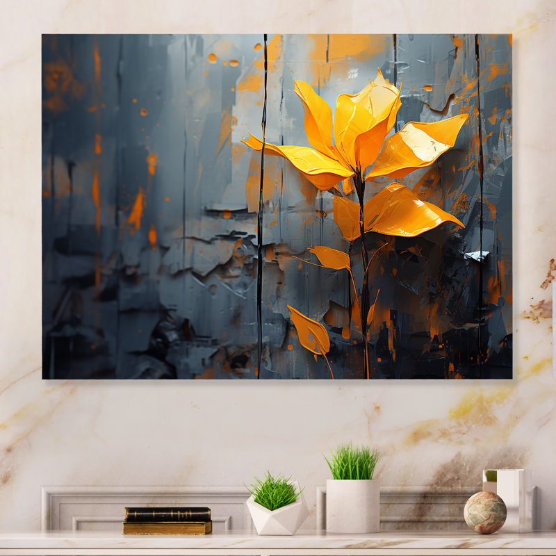 «Tropicale jaune et gris» - art mural abstrait en collages en métal, H 24 po x l 32 po x P 1 po