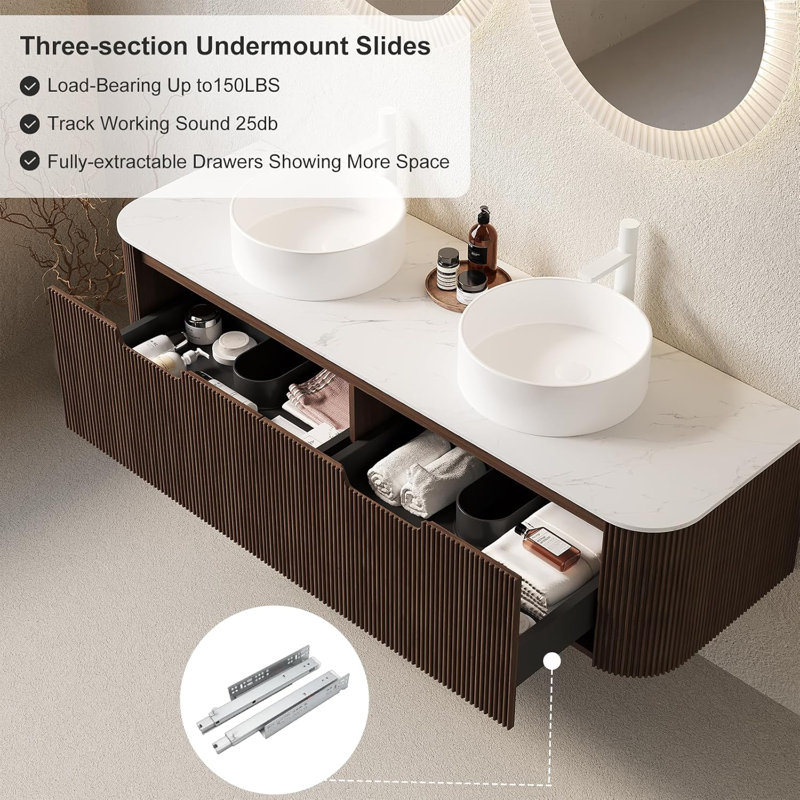 Meuble-lavabo de 60 po avec lavabo, 2 grands tiroirs de rangement, lavabos en céramique avec plateau en marbre, pré-assemblé