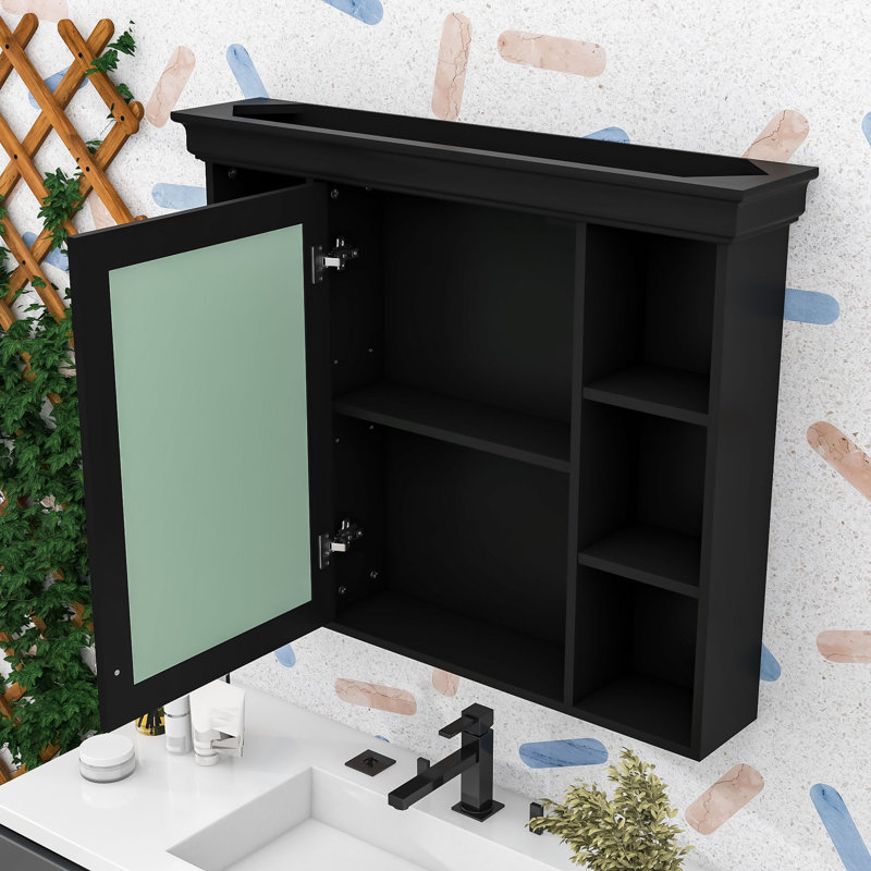 Elegant Bathroom Storage Cabinet with Mirror Door and 5 Open Shelves, Black