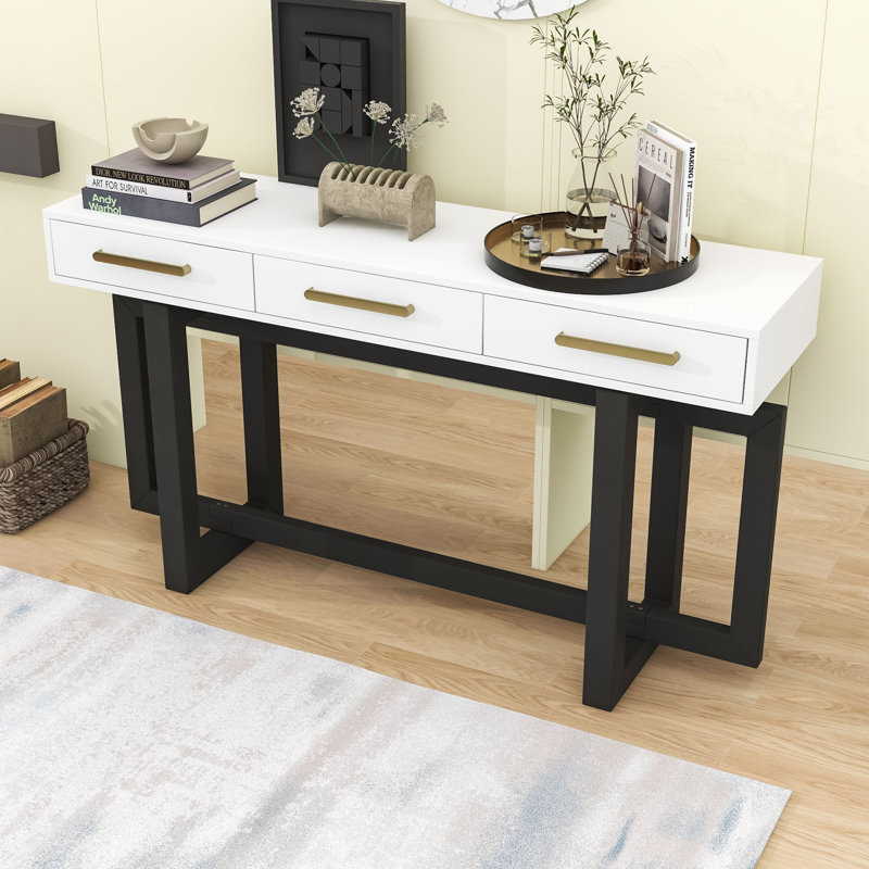 Wooden Console Table with Storage Drawers, White/Grey