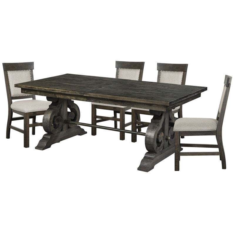 Extendable Rectangular Dining Table With 4 Upholstered Side Chairs, 5 Pieces: Table, 4 Chairs