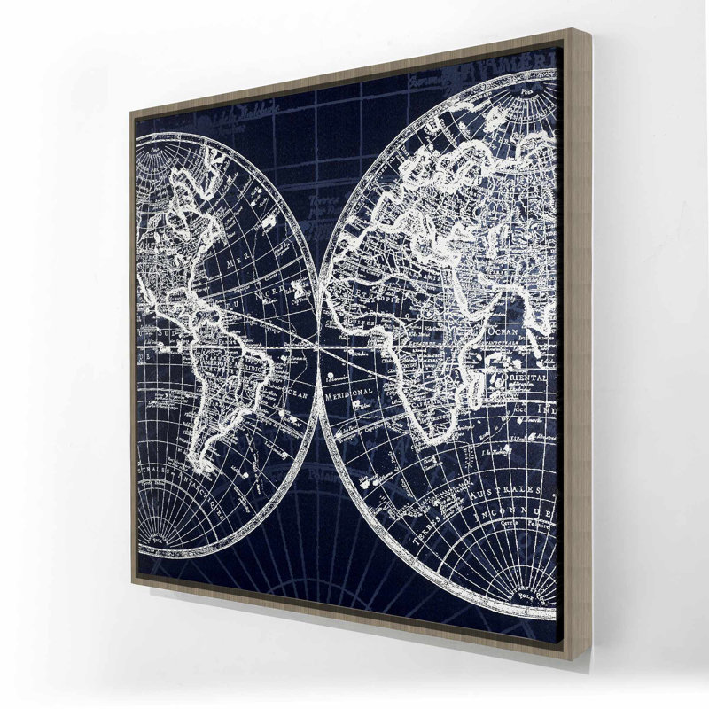 World Map Blue Print - Blue Framed Canvas Home Decor