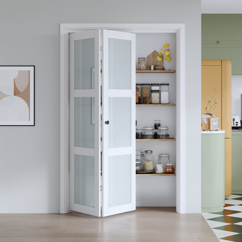 Porte pliante en verre givré et en bois manufacturé massif avec trousse de quincaillerie d'installation, 36 po x 96 po, Blanc
