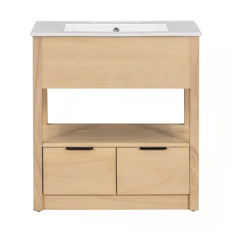 Meuble-lavabo de 30 po avec comptoir d'évier, armoire de salle de bain avec tablette de rangement ouverte et deux tiroirs, un paquet