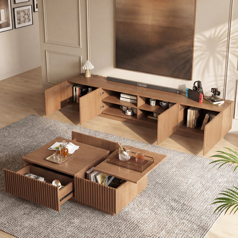 Ensemble de salon moderne à lattes 2 pièces: console de télévision extra longue de 87 po et table basse à plateau relevable avec tiroirs latéraux