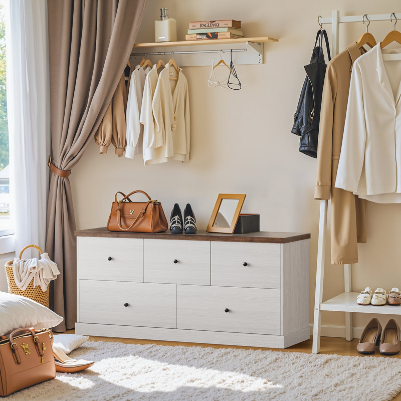 5 Drawer Double Dresser - Wide Wood Storage Chest