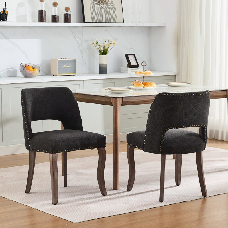 Chaises de salle à manger noires, tissu moderne recouvert de 2, conception évidée, courbé avec des clous en cuivre faits à la main, respirant et usé, système à double rebond, pieds en bois d'hévéa massif pour les salles d'art 2 américaines