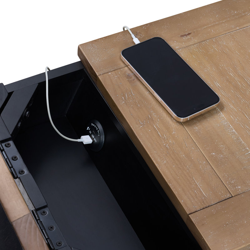 Table de bout en bois massif avec station de charge Sarcoline, Bois flottant / noir