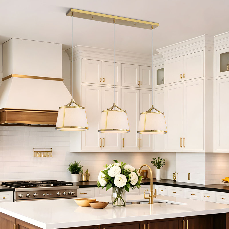 3-Light Modern Classic Fabric Linear Pendant Light, Gold