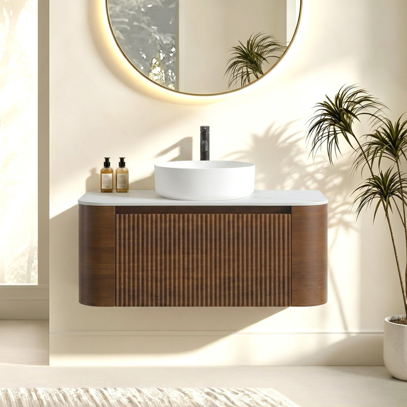 Meuble-lavabo de 36 po avec lavabo, armoire murale en noyer avec porte-serviettes gratuit, lavabo simple en céramique blanche, sans drain et robinet, pré-assemblé