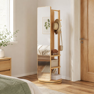  Miroir pleine grandeur moderne en bois d'hévéa pivotant sur 360 degrés avec portemanteau et rangement